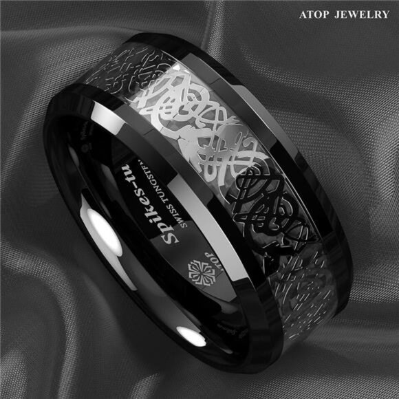 Men's Wedding Band - Silver Celtic Dragon Black Tungsten Carbon Ring for Men - Picture 3 of 7